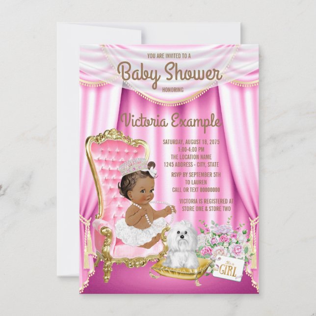 Etnisk prinsessa baby shower rosa stol inbjudan (Framsida)