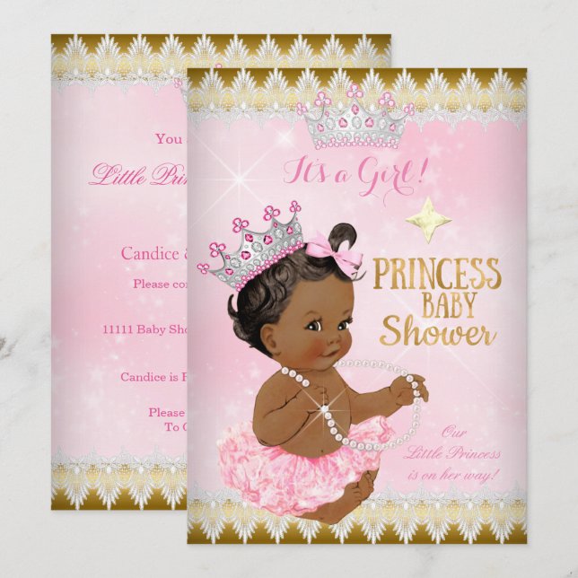 Etnisk prinsessa baby shower rosa tutu guld inbjudningar (Fram/baksida)