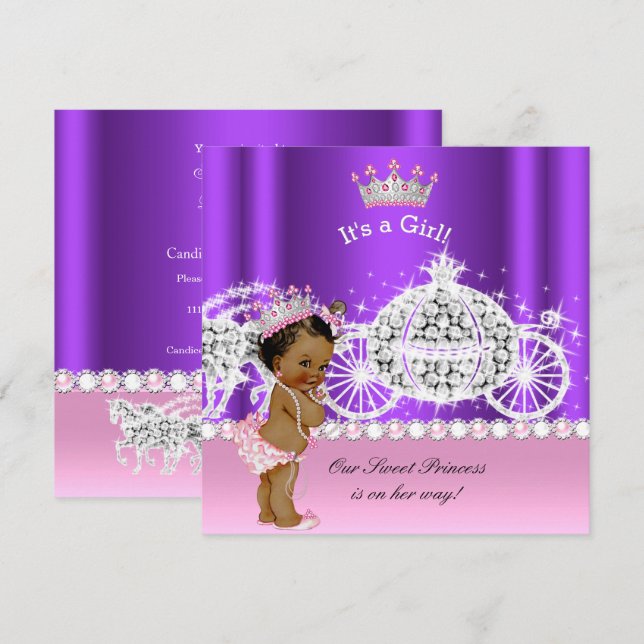 Etnisk prinsessa baby shower vagn rosa lila inbjudningar (Fram/baksida)