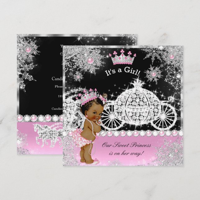 Etnisk prinsessa baby shower vagn rosa svart inbjudningar (Fram/baksida)