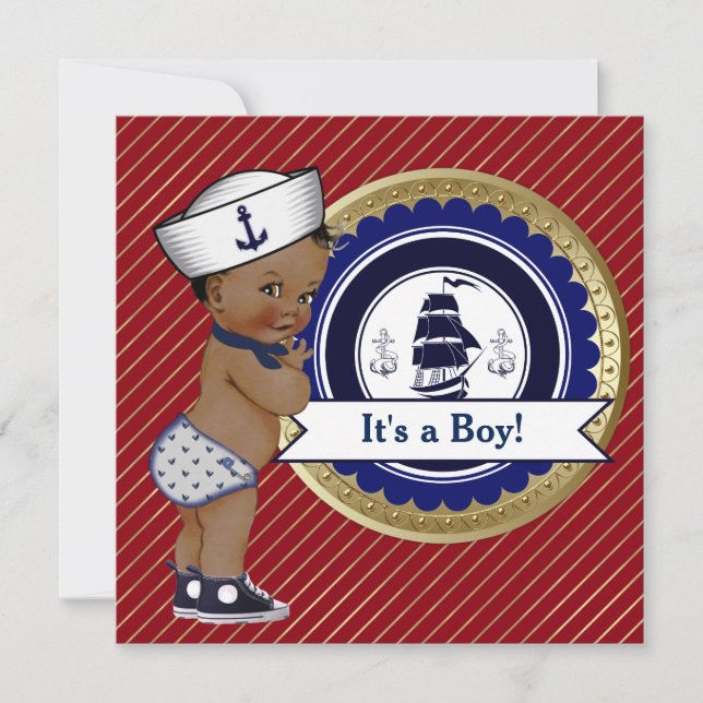 Etnisk sjöman pojke nautisk baby shower inbjudningar (Framsida)
