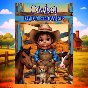 Etnisk söt cowboy pojke baby shower häst ko hund inbjudningar