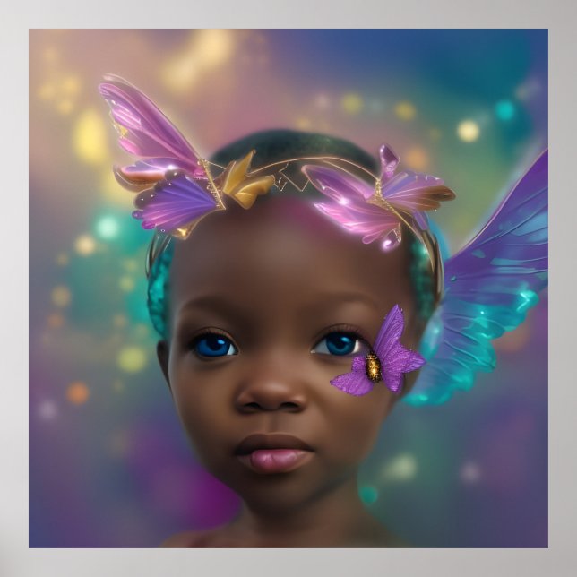 Etnisk söt liten flicka fjäril lila turkos poster (Framsidan)