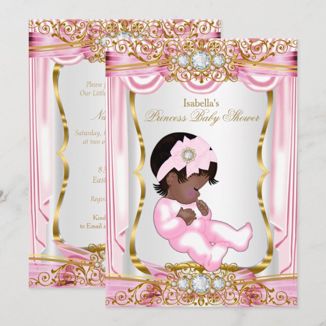 Etnisk söt prinsessa baby shower rosa siden guld inbjudningar (Fram/baksida)