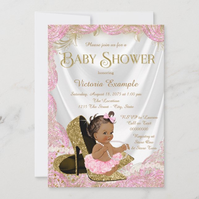Etnisk tjej Högt klacksko Rosa Guld Baby Shower Inbjudningar (Framsida)