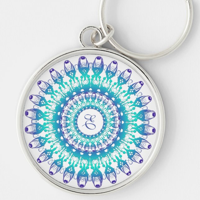 Etnisk turkos Mandala Rund Silverfärgad Nyckelring (Framsidan)