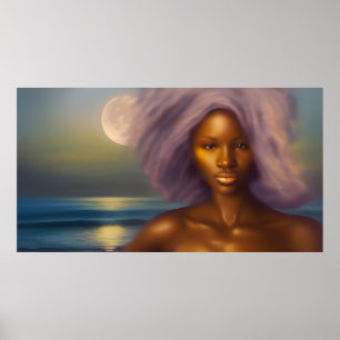 Etnisk vacker kvinna strand månsken hav poster