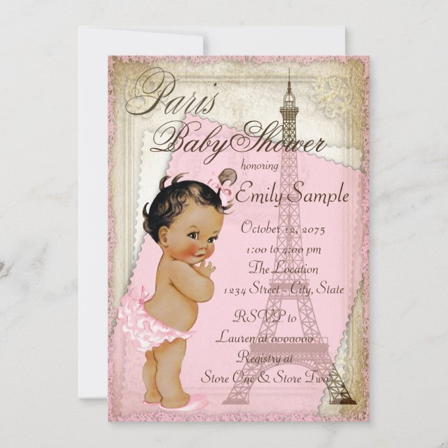 Etnisk Vintage Paris Bebisbad Inbjudningar (Framsida)
