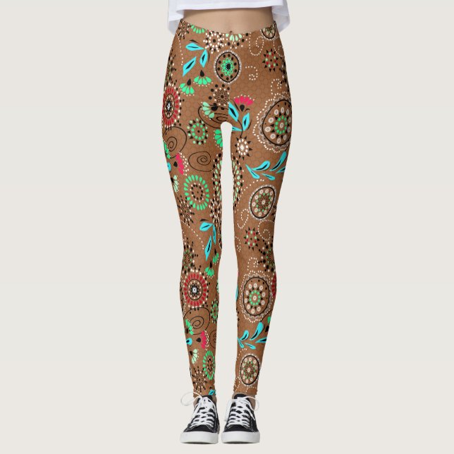 Etniska abstrakter blommönster retro-brun leggings (Framsida)