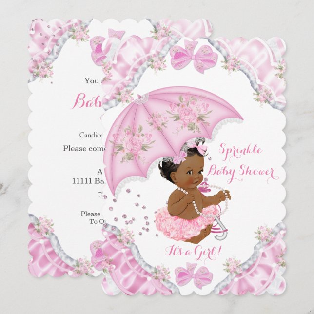 Etniska babyskor Rosa Parbrella Girl Flowers Inbjudningar (Fram/baksida)