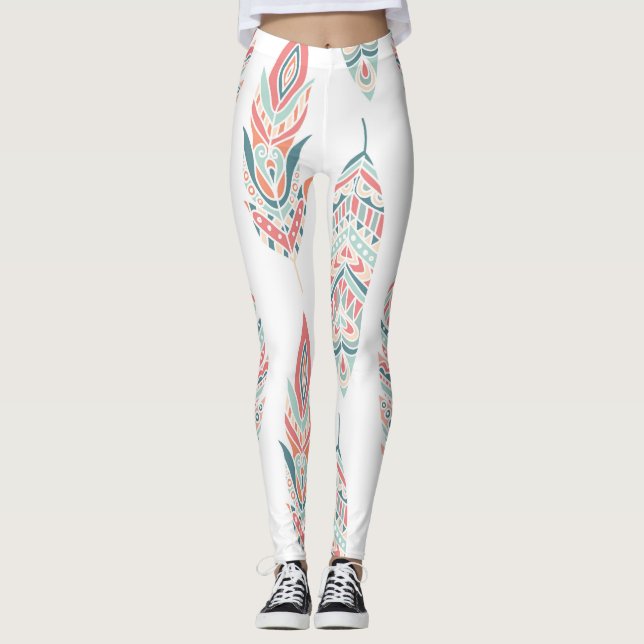 Etniska fjädrar Hand plockade Illustration Leggings (Framsida)