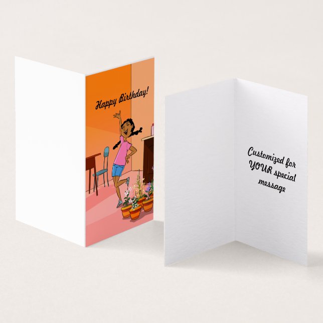 Etniska flickor med braider (orange 2) födelsedags kort (In- och utsida)