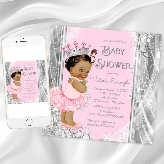 Etniska prinsessan Tutu Rosa Silver Baby Shower Inbjudningar (Pink silver princess baby shower invitation. Instant download and printed invitations available.)
