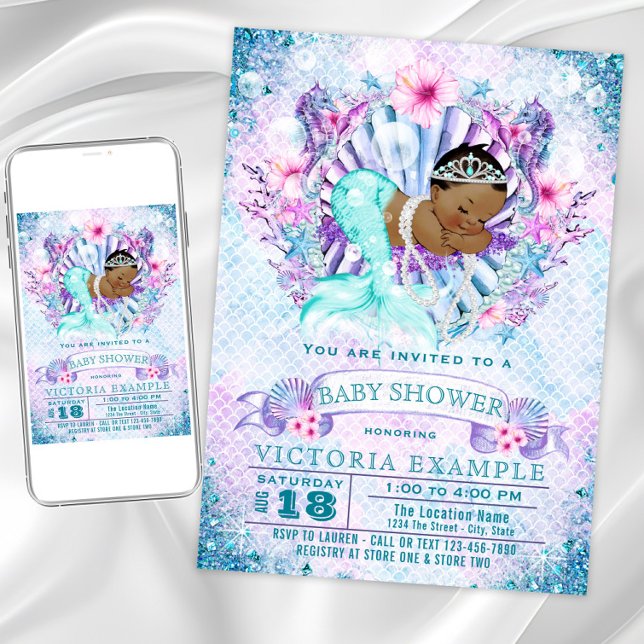 Etniska sjöjungfru-babyshower-inbjudningar inbjudningar (Cute mermaid baby shower invitation. Instant download and printed invitations available.)