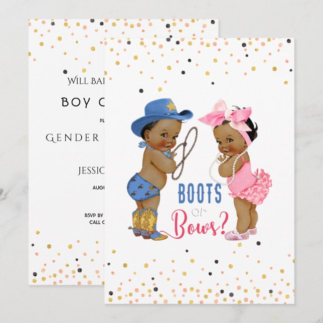 Etniska Spädbarn Boot eller Bows Gender Reveal Inbjudningar (Fram/baksida)