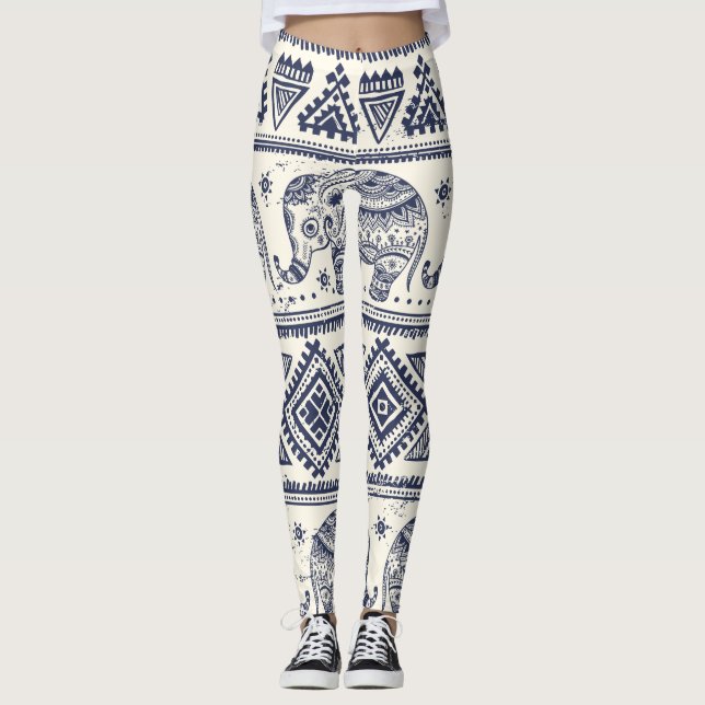Etniska stamstammar Aztec Elephant Mönster Leggings (Framsida)