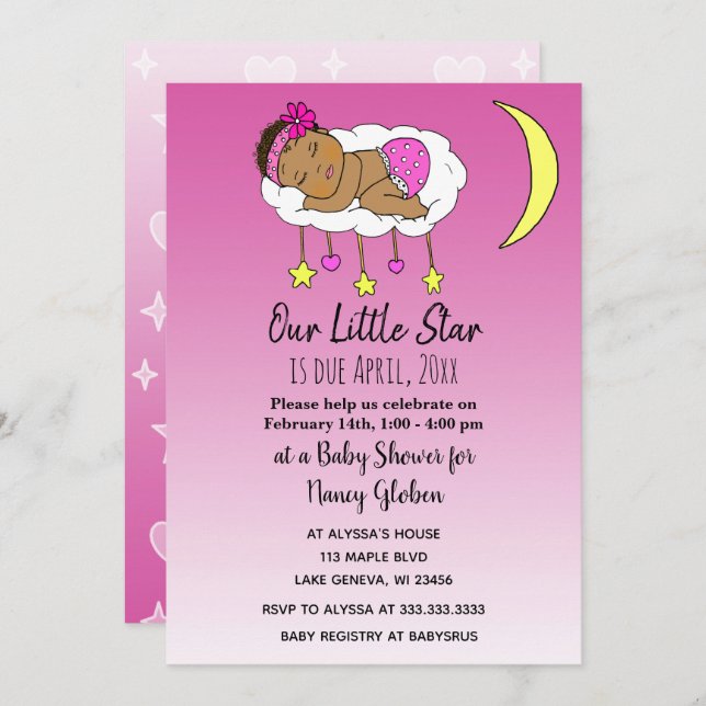 Etniskt barn på moln och månens bebisfest inbjudningar (Fram/baksida)