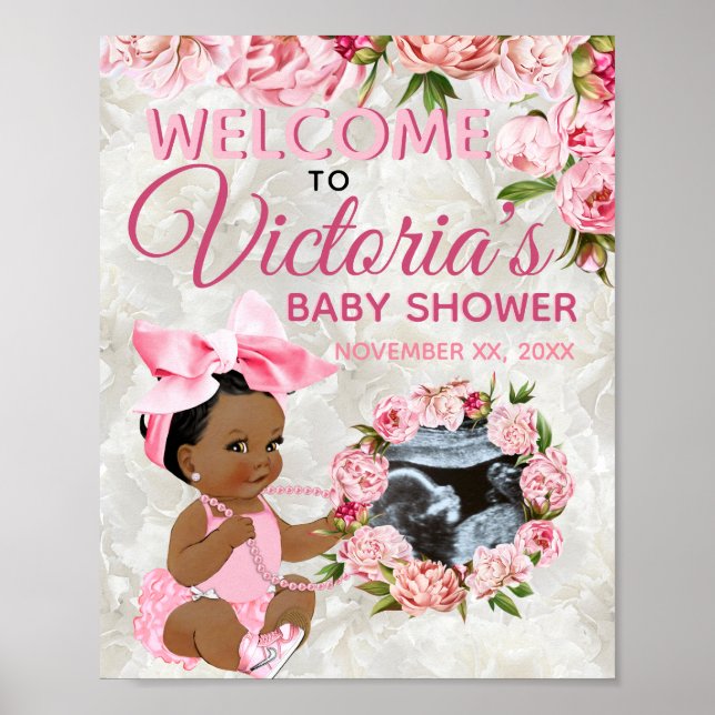 Etniskt Flicka Rosa Peony Photo Baby Shower Poster (Framsidan)