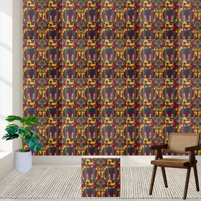 Etniskt geometriskt konst med maronafrikanska stam kakelplatta (Ethnic Geometric Art with Maroon African Tribal Ceramic Tile)