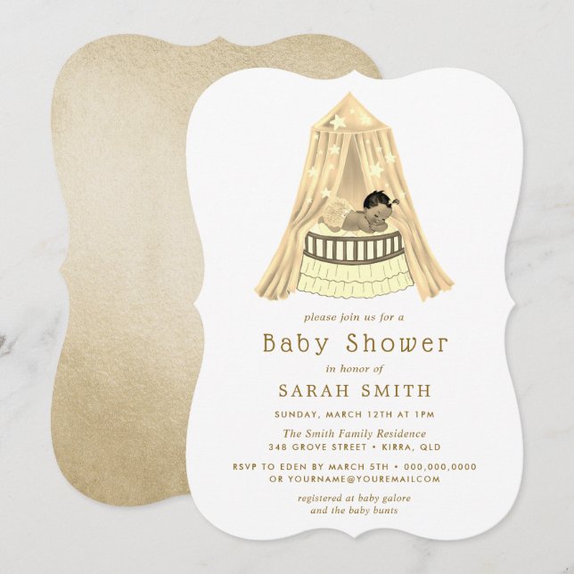 Etniskt Guld Baby Shower Crib Boy eller Girl Inbju Inbjudningar (Fram/baksida)