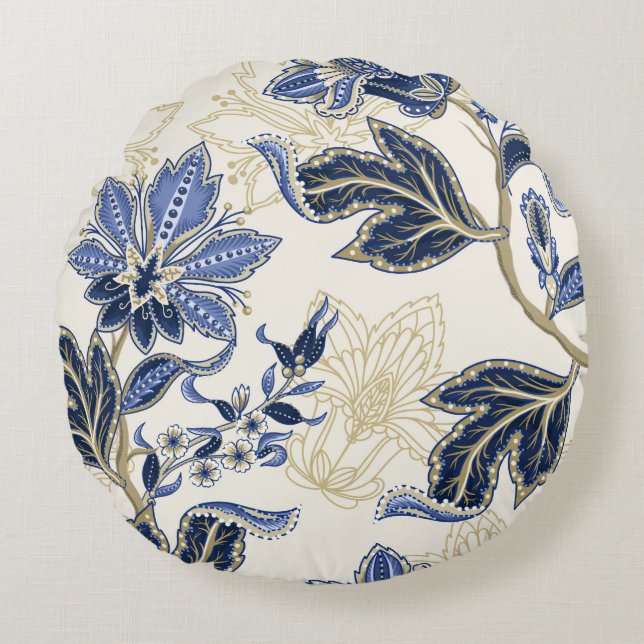 Etniskt sömlöst mönster med indisk ornament. Vint Rund Kudde (Framsidan)