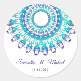 Etniskt teal mandala. monogram. runt klistermärke
