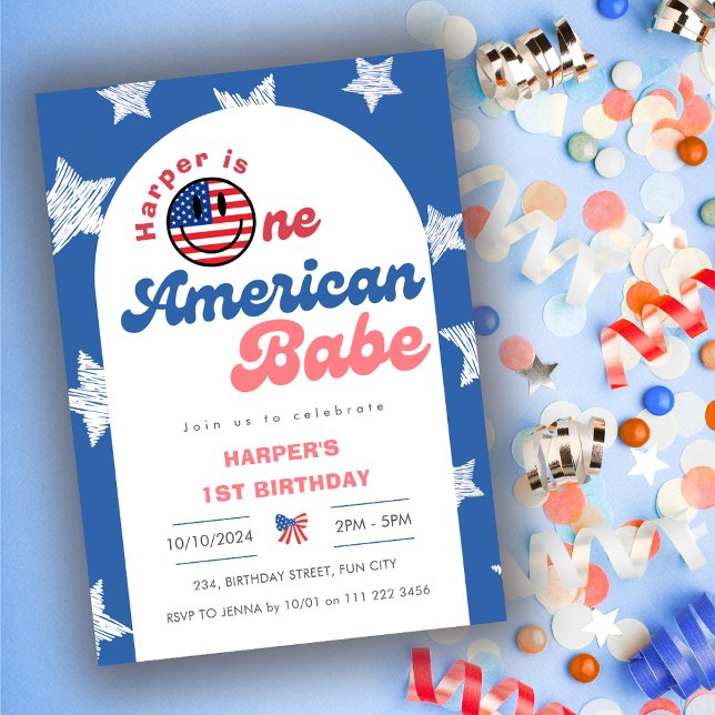 Ett amerikanskt Babe 4 juli 1971 Inbjudningar (One American Babe 4th of July 1st Girl Birthday Invitation)