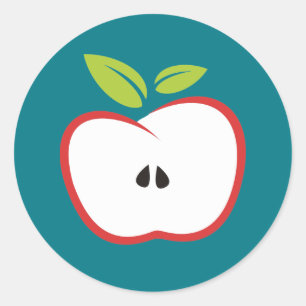 Ett äpple med röd kontur och grönt löv runt klistermärke