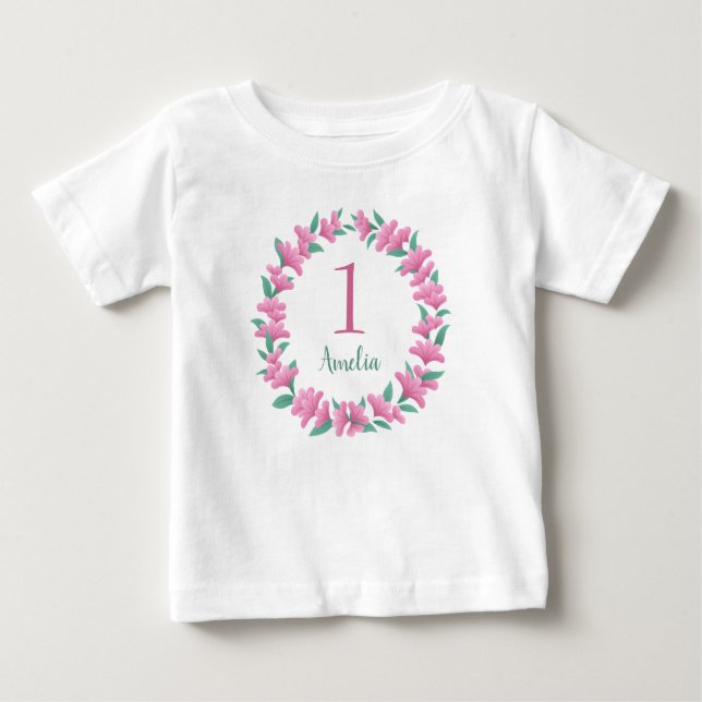 Ett år efter födelsedag Flickans Rosa Blommigt Uta T Shirt (Framsida)
