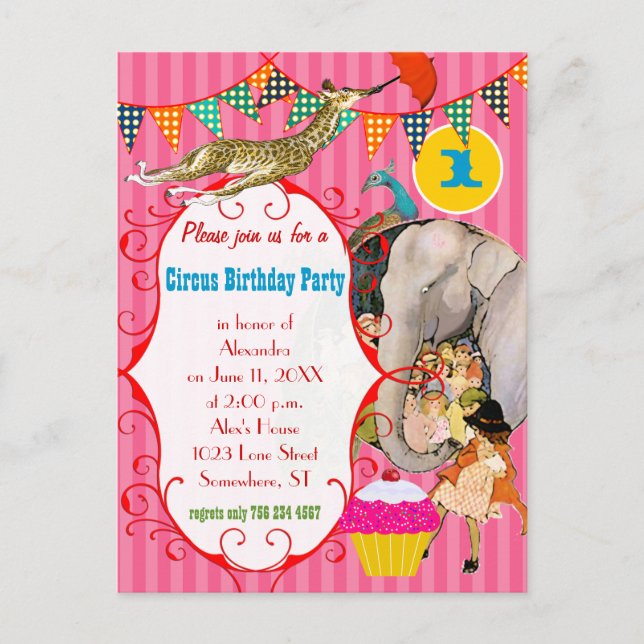 Ett år gammal circus Elephant Peacock Giraffe Part Inbjudan Vykort (Framsida)