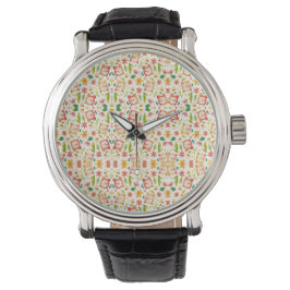 Ett armbandsur med en färgglad blommig mönstrad ur