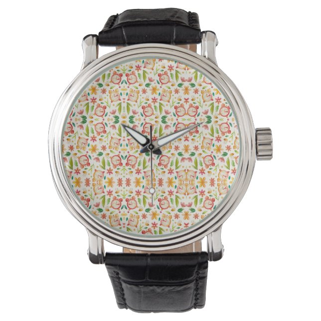Ett armbandsur med en färgglad blommig mönstrad ur (Framsida)