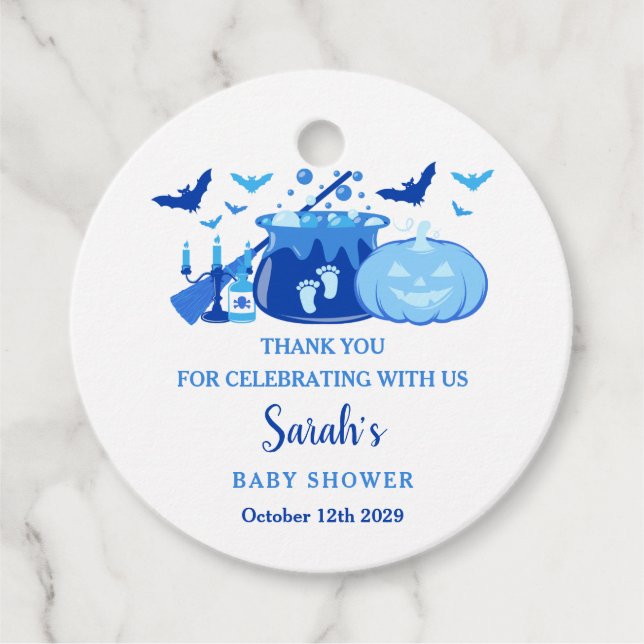Ett Baby brinner Halloween Baby Shower Blue Gåvor Etiketter (Framsida)