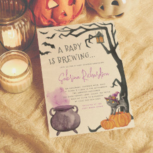 Ett Baby håller på att blåsa en flicka Halloween-b Inbjudningar