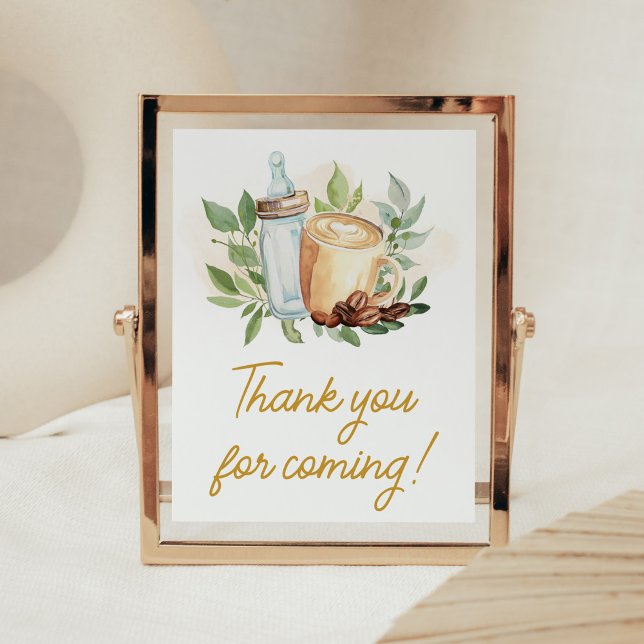 Ett barn andas kaffe Tack för att du kom Poster (Bottle and Coffee Baby Shower Thank you for Coming Sign)