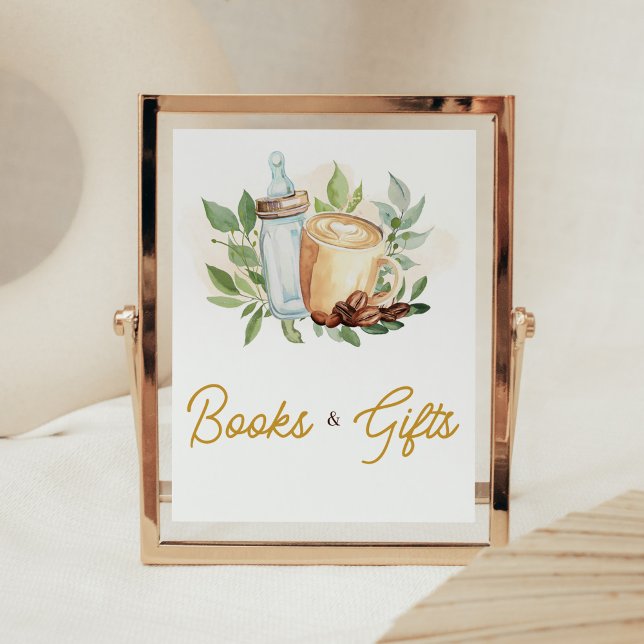 Ett barn är en kaffebok och gåvor poster (Bottle and Coffee Baby Shower Books and Gifts Sign)