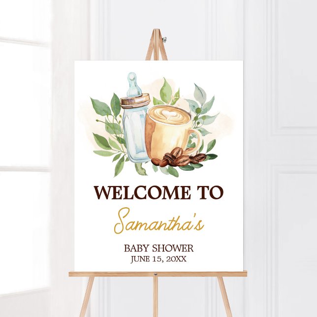 Ett barn är ett välkomnande av en babybabyåda för  poster (Bottle and Coffee Baby Shower Welcome Sign)