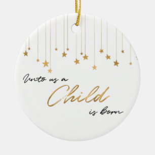 Ett barn är född handskriven jul i Guld Julgransprydnad Keramik