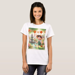 ett barn i en trädgård med en vattentäkt t shirt