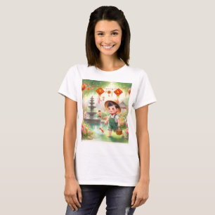 ett barn i en trädgård med en vattentäkt t shirt