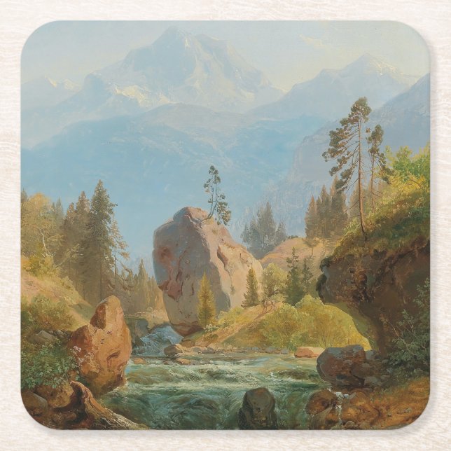 Ett bergslandskap med Bäck - Albert Zimmerman Underlägg Papper Kvadrat (Framsidan)