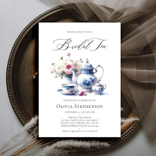 Ett blått fönster för Chic av Blommigt  Möhippa fö Inbjudningar (bridal tea invitation toile chinoiserie blue hamptons roses floral flower elegant modern classic)