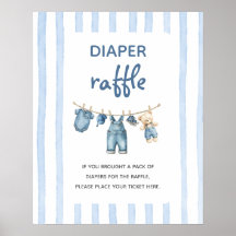 Ett blått Jean Baby Diaper Raffle-tecken