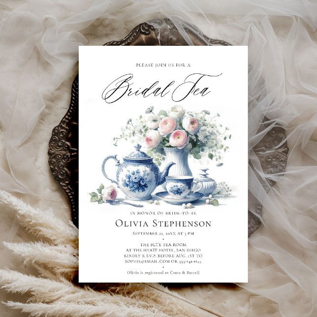 Ett blått tea Set Möhippa Tea Shower Inbjudningar (bridal tea invitation toile chinoiserie blue tea set roses floral flower elegant modern classic chic)