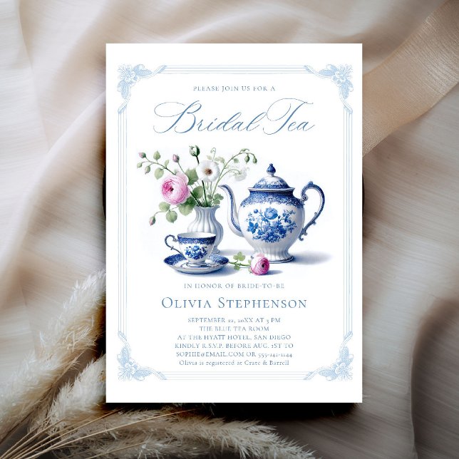 Ett blått Toile Ram Chic Möhippa Tea Shower Inbjudningar (bridal tea invitation toile chinoiserie something blue frame roses floral flower elegant classic)