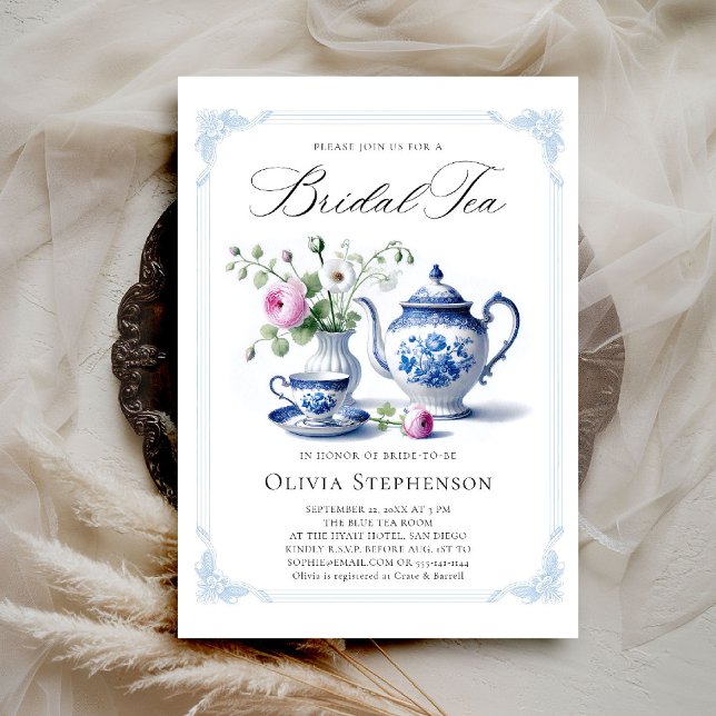 Ett blått Toile Ram Flora Möhippa Tea Shower Inbjudningar (bridal tea invitation toile chinoiserie blue frame tea set roses floral flower elegant modern classy)
