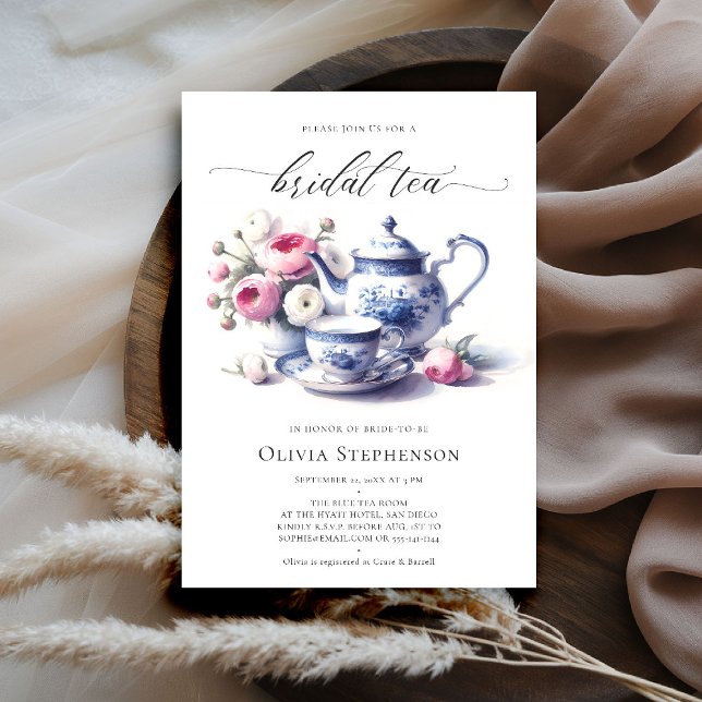 Ett blått Toile Ro Chic Möhippa Tea Shower Inbjudningar (bridal tea invitation toile chinoiserie blue delft roses floral flower elegant modern classic chic)