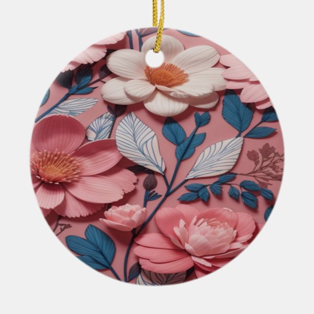 Ett blommigt mönster med rosa bakgrund julgransprydnad keramik (Framsidan)