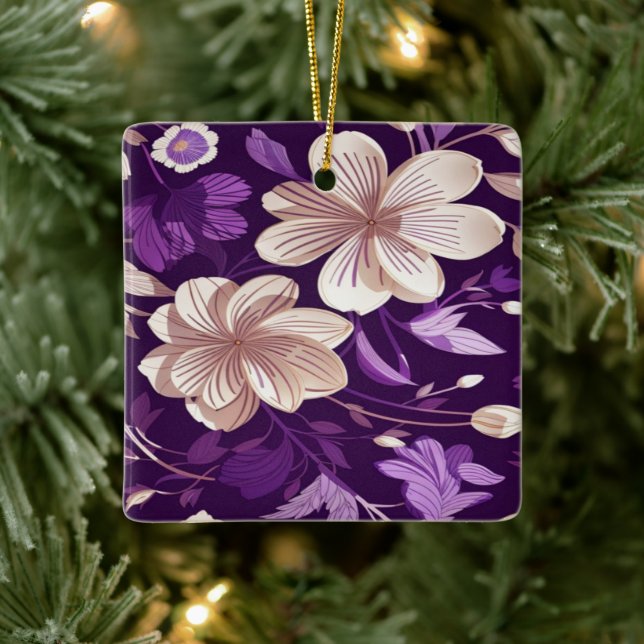 Ett blommönster med lila bakgrund julgransprydnad keramik (Träd)
