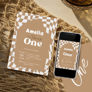 Ett! | Boho Checkered | Gingham | 1:a årsdagen Inbjudningar